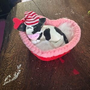 Cute Newborn Cow Figurine in Heart-Shaped Basket
